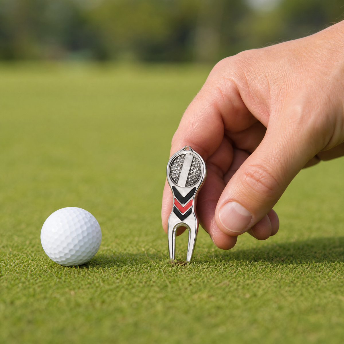 Hånd som plasserer golf green fork på greenen