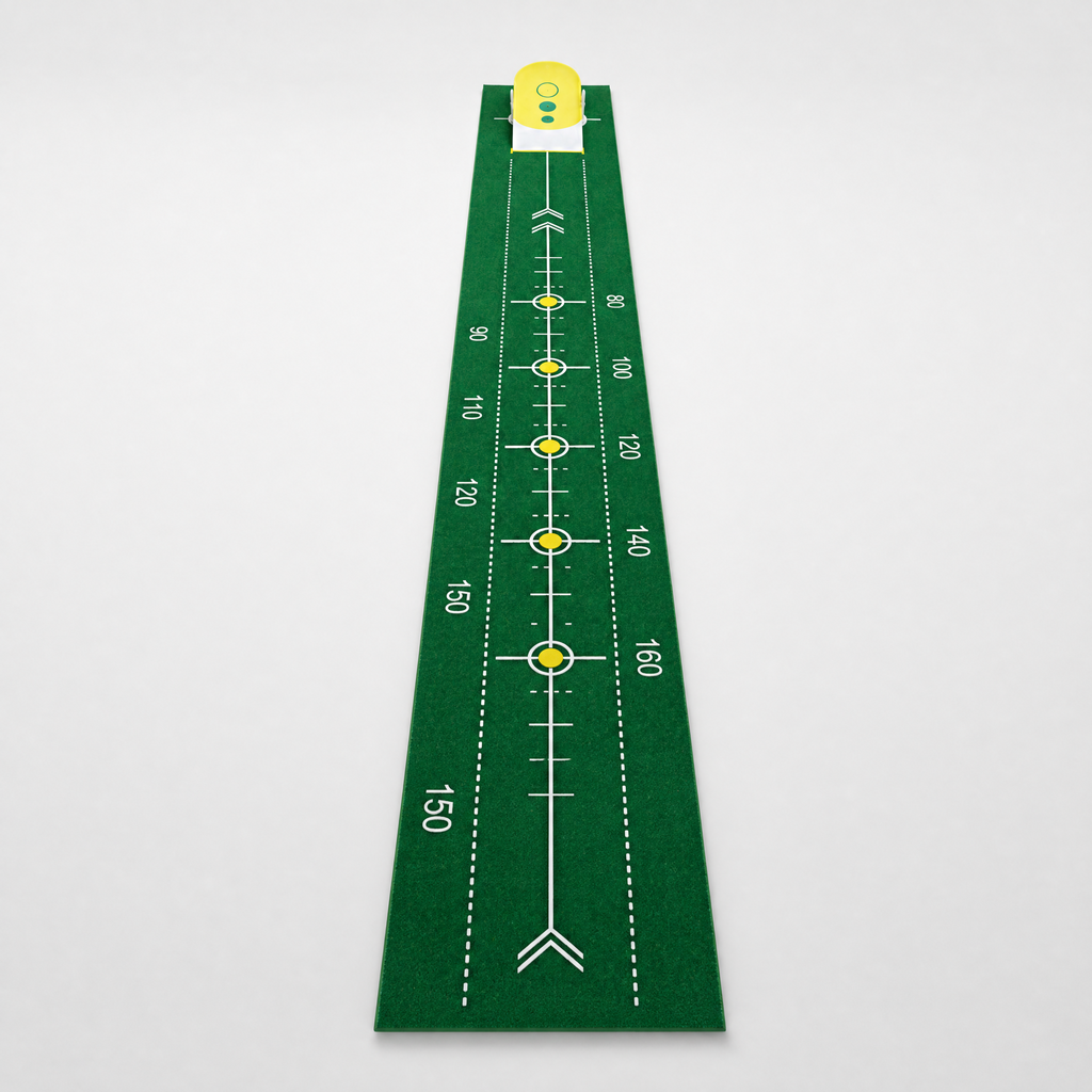 Golf putting-matte med tallmarkeringer og justerbart mål, studiobilde